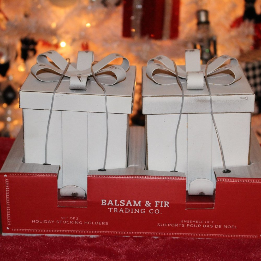Balsam & Fir Trading Co. Distressed White Metal Christmas Stocking Holders NIB